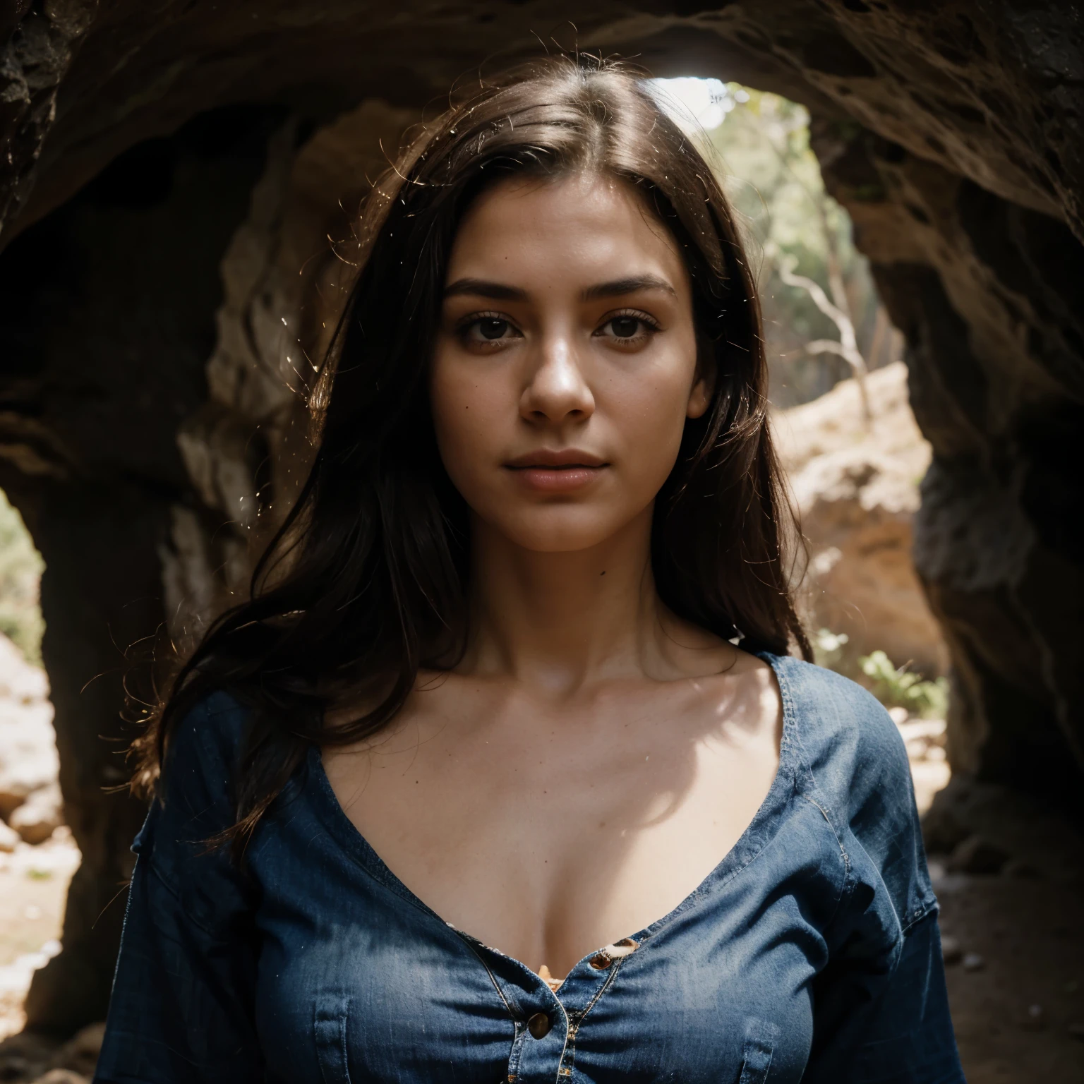 photograph of a woman, (happy facial expression), Piel texturizada, piel de gallina, pelo rubio afro, camisa de franela a cuadros con jeans boyfriend desgastados, tiro de vaquero, dark and mysterious cave with unique rock formations and hidden wonders, ojos perfectos, (luz de una vela,chiaroscuro), Porta 160 color, disparo en ARRI ALEXA 65, bokeh, sharp focus on the subject, disparado por Don McCullin