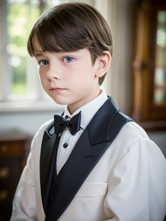 A beautiful and very tender with white skin, small blue eyes., light brown hair fine and serious features very serious at home formal clothing well-combed sad melancholic look without smile crying without exaggeration