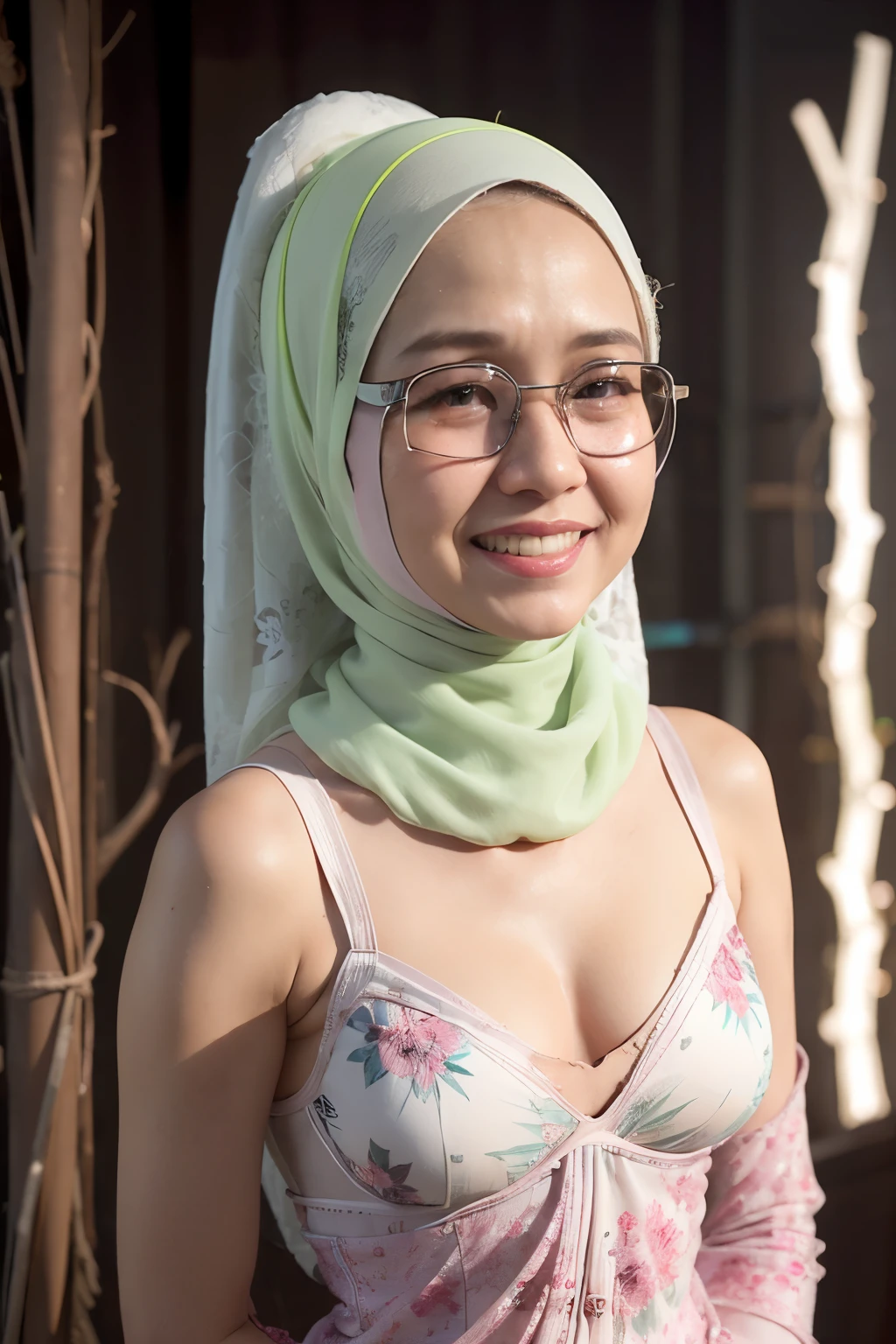 (((Sunglasses))), ((Old lady:1.5)), ((FLAT CHEST:1.6)), (Happy smile), (((HIJAB MALAY GIRL))), masutepiece, High quality, UHD 32K, Realistic face, Realistic skin feeling , A Japanese Lady, 58 years old matured lady, , Very cute and baby-like face, (((FLAT CHEST))), (Night time at forest), ((look In front at the camera and SADNESS)), (((WHITE FLUORESCENT))), (((CUTE GIRL))), ((LIGHT GREEN FLUORESCENT LIPS)), ((Floral Pattern)) little wearing strapless bra, strapless colorful bra, dark night background , black forest night, horror scary place, (from behind up) seductive pose
