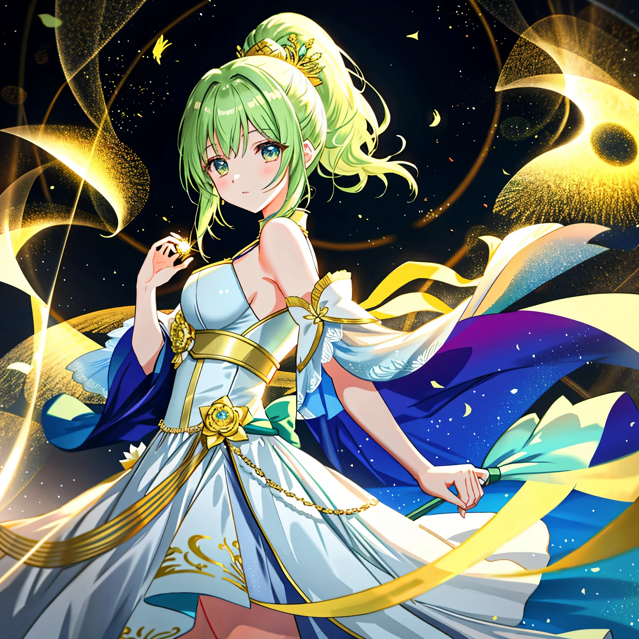 **Perfect AI Illustration Prompt**
- **Character**: One woman, slender and elegant, with fair skin. She has a unique hairstyle that combines elements of wind-blown long hair, ponytail, twin tails, bob cut, and long braids. The color of her hair is mainly green, with gradients of gold and blue. She has Kemomimi and a tail of a sand cat. She is wearing an elegant white gown with gold trim and green details reminiscent of leaves. Her emotion is calm and elegant. She is reaching out to a compass with her right hand, and her left hand is naturally lowered to the side of her body.
- **Props**: A richly decorated golden compass is floating in the air, glowing with magical light.
- **Background**: A lush forest and a grand castle are visible in the distance. The background color is a green forest and castle illuminated by golden light.
- **Lighting**: Sunlight is pouring into the entire image, casting a bright light on the woman, the compass, and the background forest.
- **Composition**: The woman is in the center, the compass is in her right hand, and the forest and castle are in the background. The perspective is viewed from behind the woman, emphasizing her reaching out to the compass.
- **Style**: The style is a fusion of anime and manga, with the boundary between fantasy and reality being ambiguous. It is a high-resolution official artwork or very detailed and elaborate fan art style that is trending on ArtStation or Pixiv. Please refer to the original paintings of Kusheart Krentz, feminine style, Fate style, Enako style, Nozomi Sasaki style. Also incorporate real anime 2.5D style or real anime girls style.
- **Quality**: Aim for absurd, highest quality, real, hyperreal, ultra-detailed illustrations using the golden ratio 1.2 and drafting board 1.3. Create a beautiful masterpiece with a large file size created in 64K. The resolution of the face is also high, and the lighting is perfectly finished. The resolution is 8K, ultra-high resolution: 1.2, selectable high