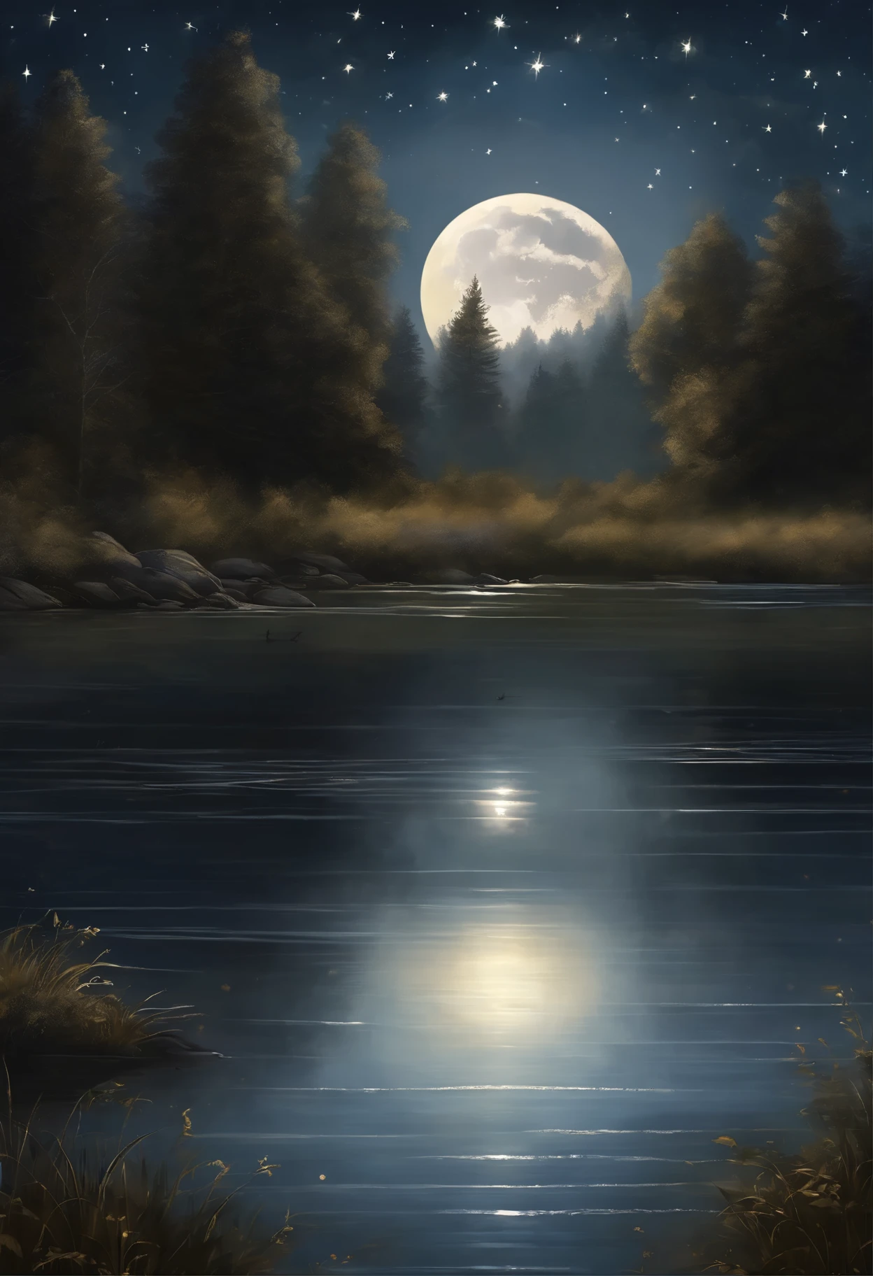 "A peaceful and peaceful night, Bathed in silvery radiance. A harmonious scene of the moon delicately reflected in calm water. Twinkling stars dot the dark sky, casting a magical ambiance. The surrounding nature is shrouded in a light, mysterious mist.. Bring your imagination to life with this night painting full of serenity and peace."
