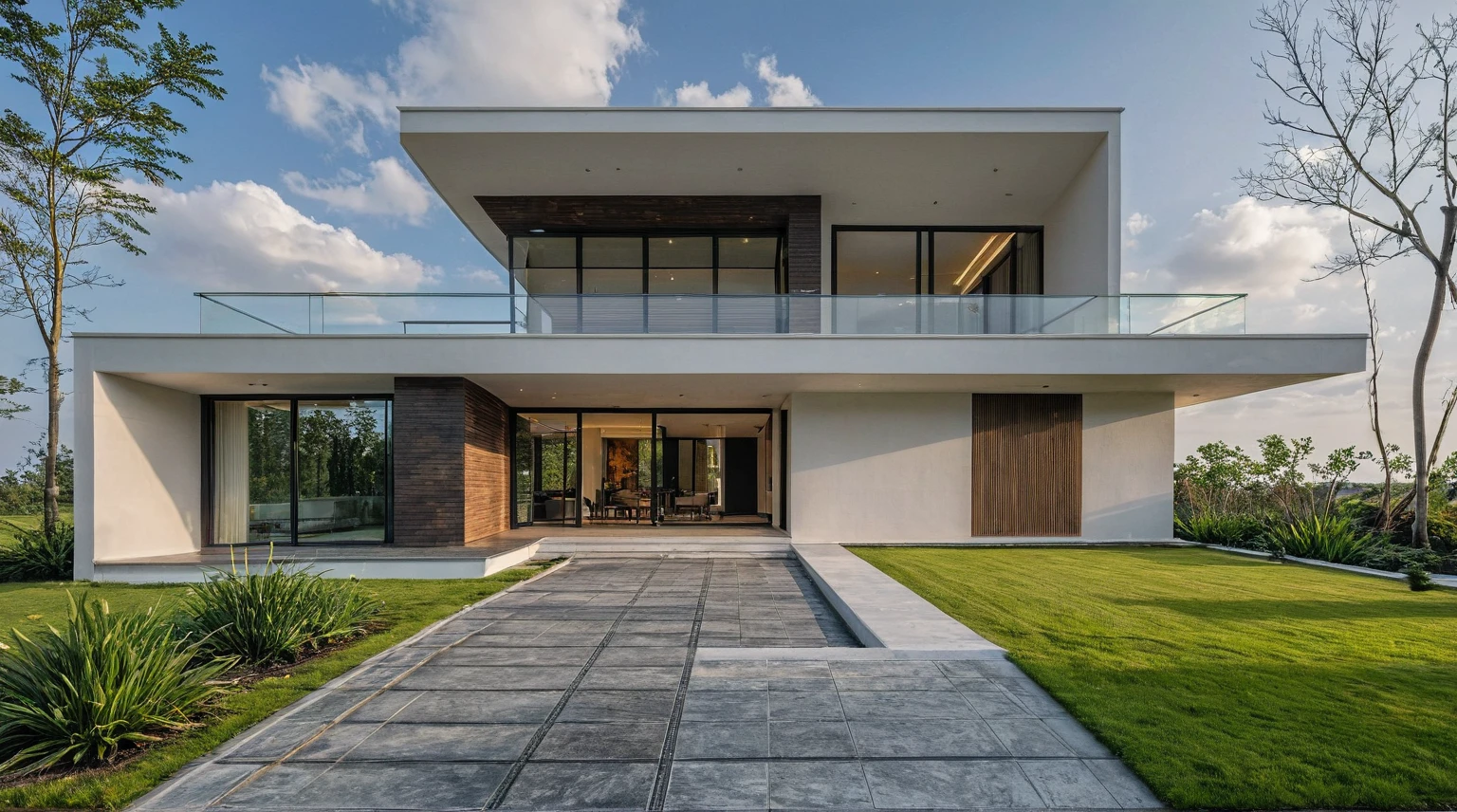 Masterpiece, high quality, best quality, authentic, super detail, outdoors, onestoreyvillaXL, aiaigroup, house style modern on the street ,stairs, white wall ,road,pavement, grass, trees, sky, cloud, (daylight:1.1)