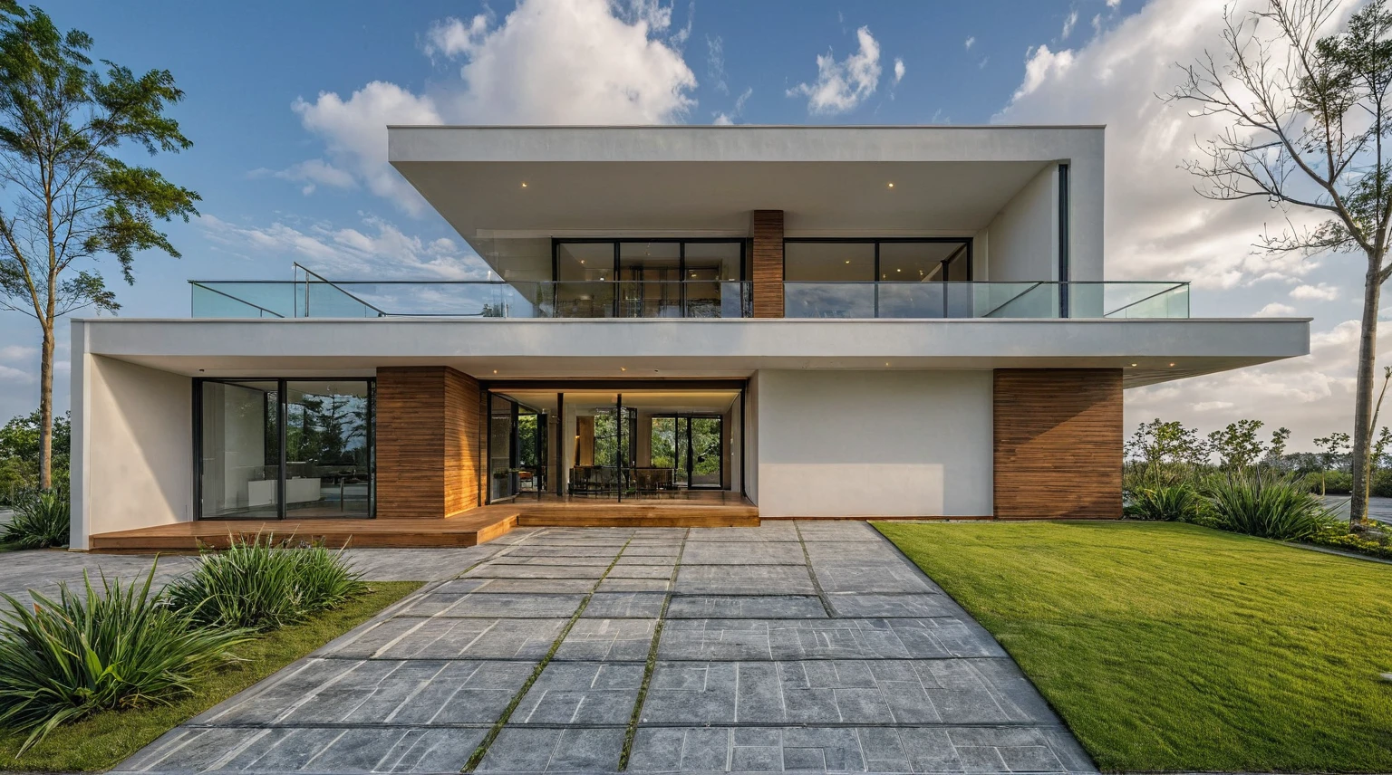 Masterpiece, high quality, best quality, authentic, super detail, outdoors, onestoreyvillaXL, aiaigroup, house style modern on the street ,stairs, white wall ,road,pavement, grass, trees, sky, cloud, (daylight:1.1)