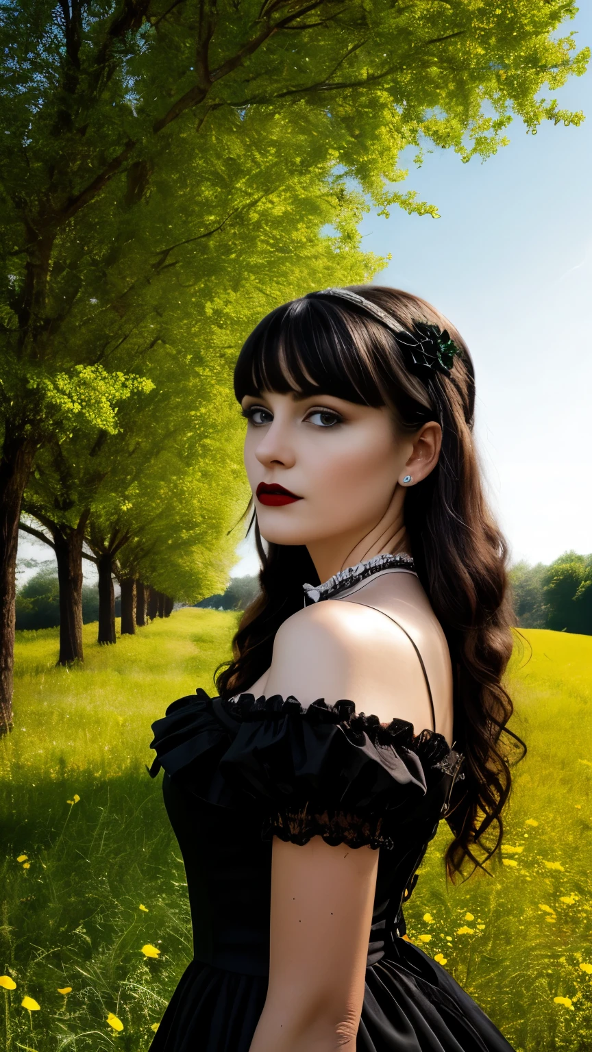 (masterpiece:1.2), (Best quality:1.2), Perfect eyes, perfect face, Ideal lighting, 1 girl, Mature gothic woman standing with her hands in front of her, long hair, intricate hairstyle, draw up, black lips, Thick eyelashes, sad, Melancholy, in Gothic attire, black and white dress, frill, ribbons, puffy sleeves, bare shoulders, Lacy necklace, Jewelry, peaceful, quiet, cold, detailed outdoor background, beautiful landscape, fantasy, summer, Solar, sunburnt, flowers, trees  