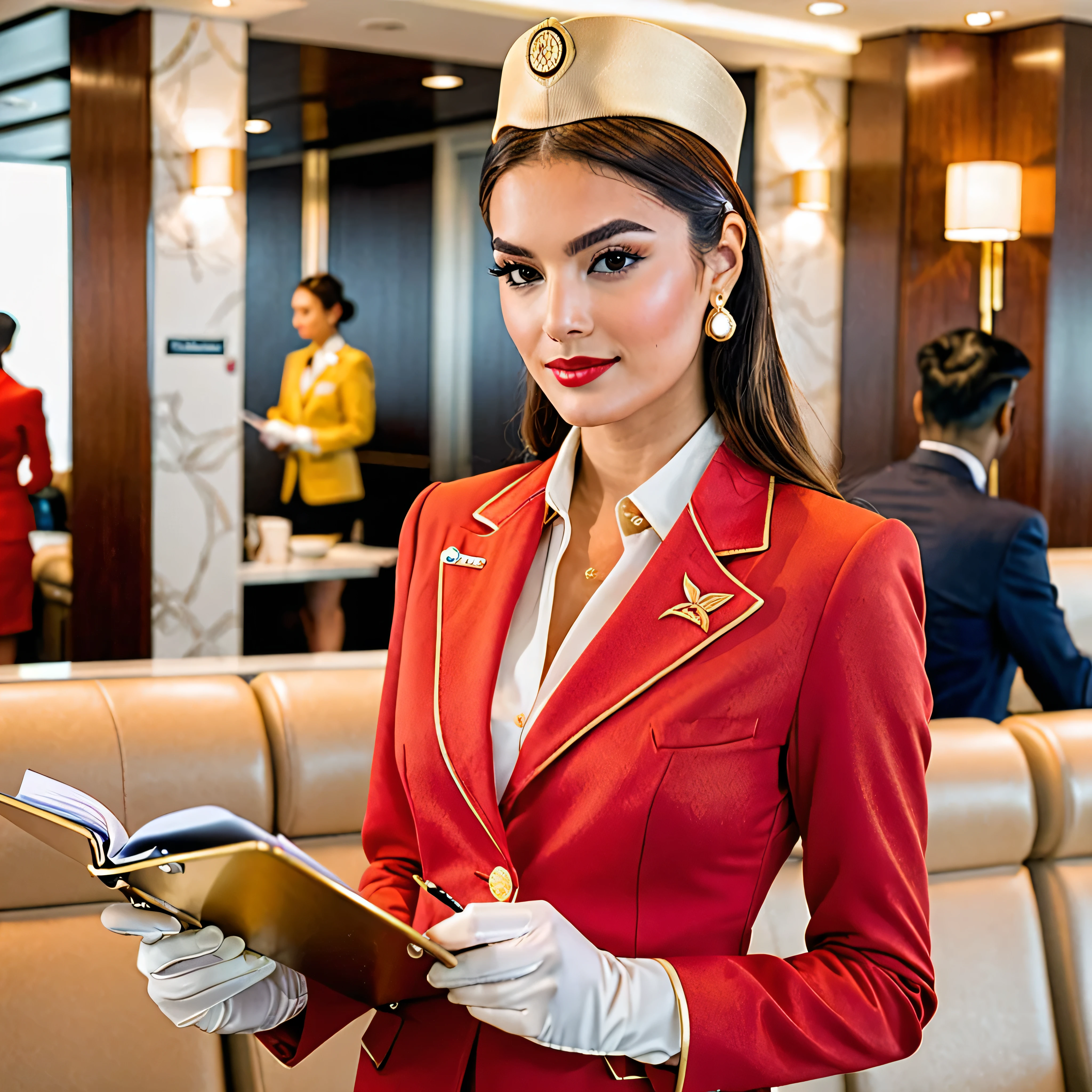 Photograph of a 25-year-old Georgian flight attendant, supermodel, perfect face, brown eyes, taking notes on a clipboard in a airport lounge. She wears a red uniform with gold and white details, hat, earrings and wrist length white silk gloves.