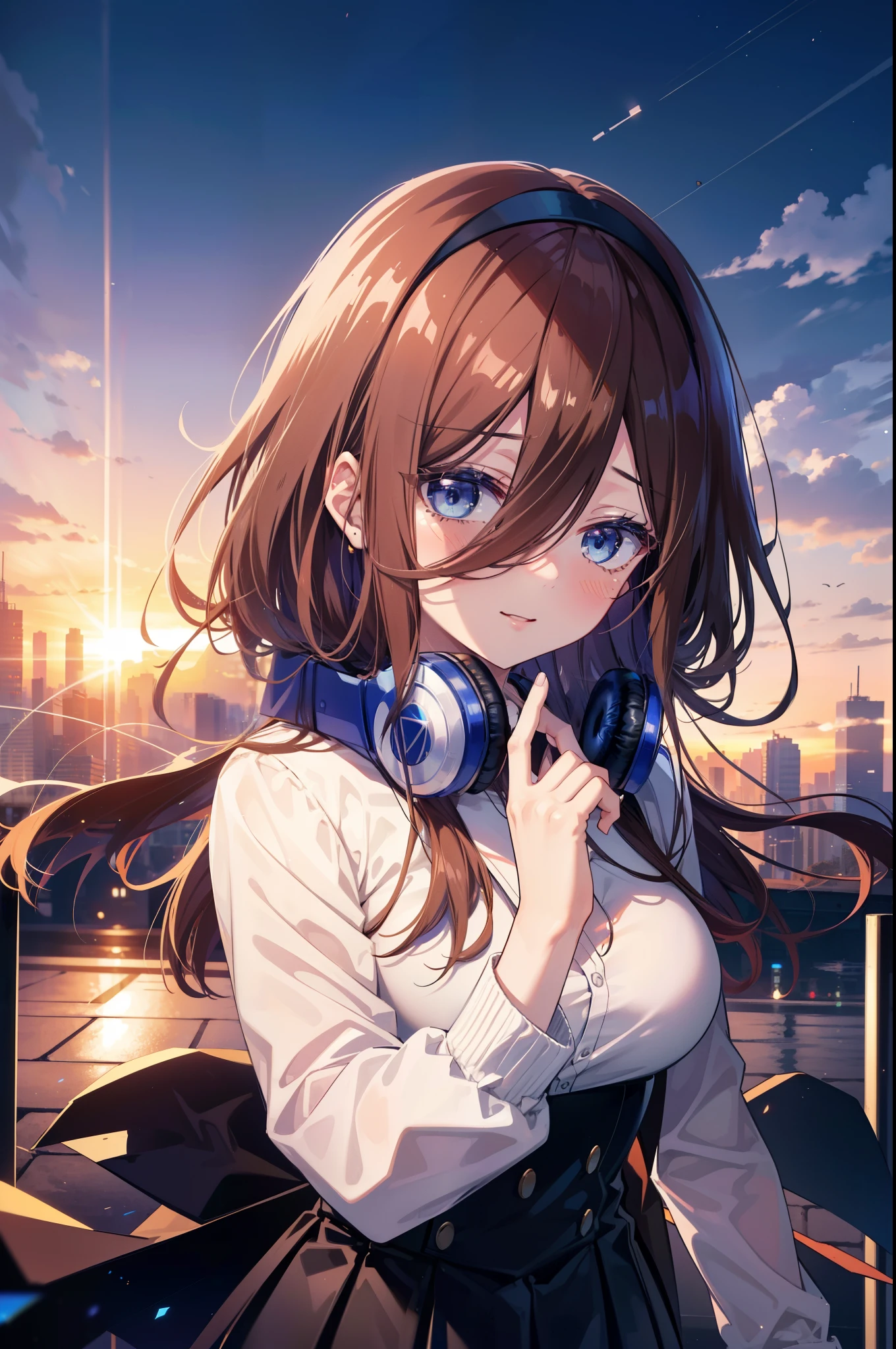 Miku Nakano, Miku Nakano, Long Hair, bangs, blue eyes, Brown Hair,,Blue Hairband ,Hair between the eyes, happy smile, smile, Open your mouth,Headphones around the neck,OL, Akagi glasses, Black suit jacket, Collared jacket, White dress shirt, Collared shirt, Neckline, button, Black pencil skirt, Black pantyhose,Stiletto heels,So that the whole body goes into the illustration,sunset,evening,The sun is setting, Looking up from below,
break outdoors, city,Building district,
break looking at viewer, (Cowboy Shot:1. 5)
break (masterpiece:1.2), highest quality, High resolution, unity 8k wallpaper, (shape:0.8), (Beautiful details:1.6), Highly detailed face, Perfect lighting, Extremely detailed CG, (Perfect hands, Perfect Anatomy),
