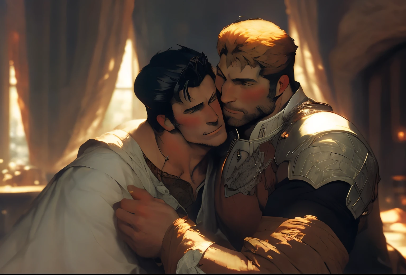 futuristic epic fantasy, science fiction, high-tech, dynamic, magical.
a homoerotic, homoromantic, gay, loving, exciting, steamy, magnificent, sensual, visceral, amazing, sexy, intense, dramatic masterpiece (by Daniel F Gerhartz|Gaston Bussiere|Maximilian Pirner:1.9) of two men deeply in love, named R and M.
M and R are both in their early 30s, extremely attractive, virile, powerful, masculine, hairy, strong, desirable, hunky, and manly. M and R are wearing futuristic clothing resembling Robin Hood.
a warm, gentle, tender, loving, comforting hug.
R is a short, brown-skinned, muscular, iraqi man, with very short hair, and a perfect beard. He is shorter than M.
M is a tall, dark-tan-skinned, athletic, mexican protector, with very short hair, and a short beard. He is taller than R.
The setting is indoors. the time is midnight. it is many years in the future.
The overall mood is provocative, passionate, expressive, sensual, magical, and visceral, evocative of gay romance, gravitas, and love.
extremely detailed, soft romantic lighting, romantic mood, romantic atmospheric, shadowplay, vignette.