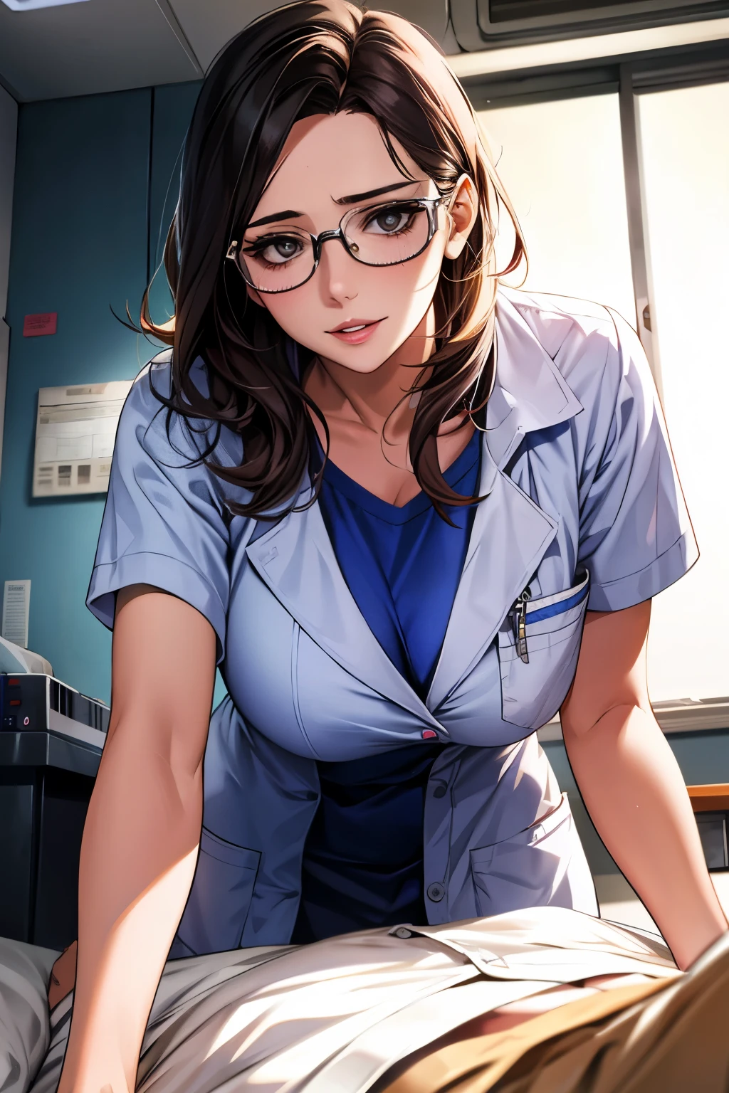Australian gorgeous girl, (40 years old), in the hospital, morning, nurse outfit, bosomy, glasses, above angle, alluring expression, (masterpiece, best quality, extremely detailed, hyper realistic) 