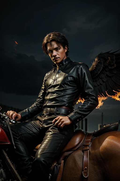 Fallen angel man with flaming eyes and broken heart in the saddle dark melancholic terrifying theme 