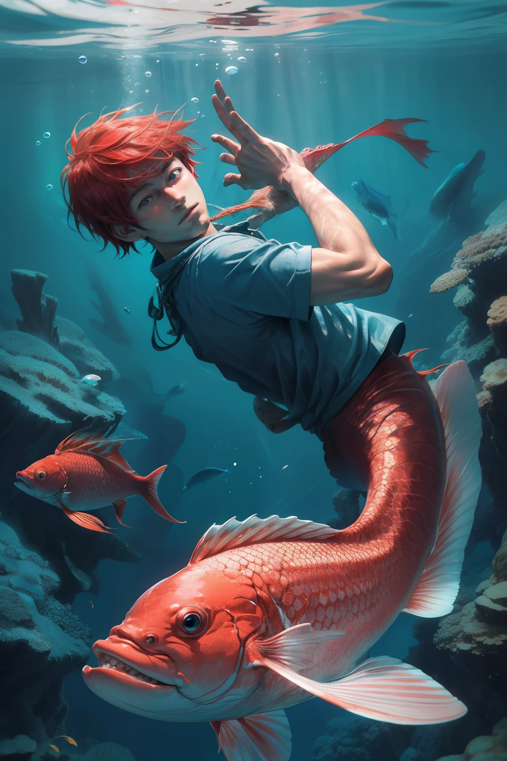 In a dreamlike underwater scene, a young boy with captivating, watery eyes gazes up in awe at a vibrant red fish swimming before him. This tranquil moment, inspired by the enchanting style of renowned anime artists Makoto Shinkai and Otomo Katsuhiro, is depicted in a hyper-realistic, hyper-detailed render. The boy's youthful features are meticulously rendered with each pore, strand of hair, and crease etched in fine, exaggerated perspective. The vibrant red fish is a breathtaking spectacle, its scales shimmering with a Tyndall effect, holographic white and mother-of-