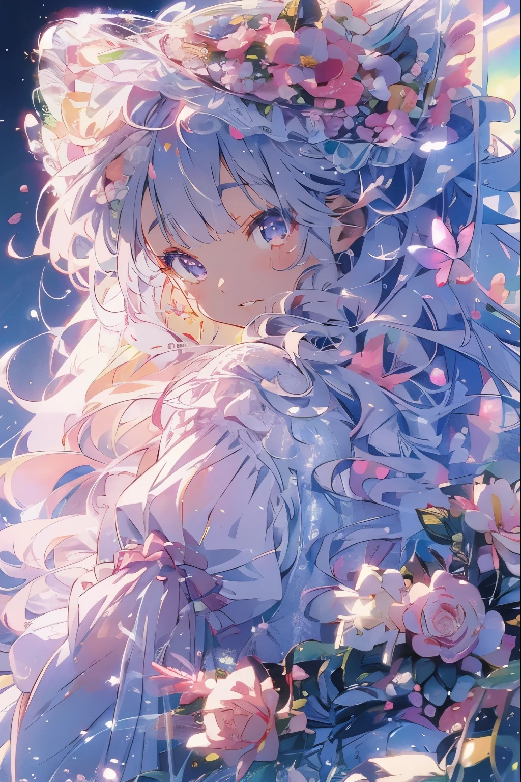 (Mastepiece)、(Best Quality)、Highly detailed face、Anime Girl、1 girl、Lolita Clothing、Fluffy long hair、Lots of flowers、butterfly々、petal
