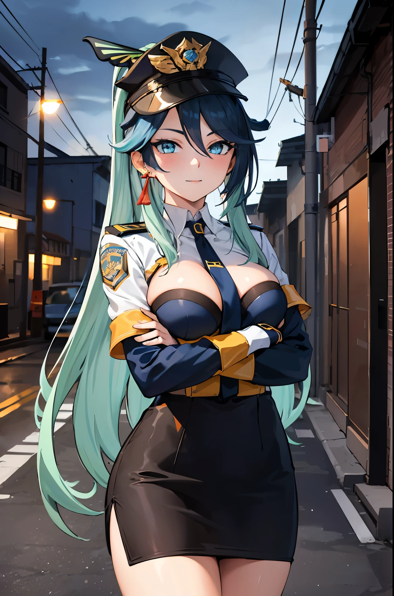 (masterpiece, best quality, detailed), 1girl, solo, looking at viewer, xianyun, medium breasts, multicolored hair, very long hair, ponytail, hair ornament, semi-rimless eyewear, earrings, jewelry,
policewoman, police uniform, police hat, necktie, pencil skirt, armband, breast pocket, alleyway, industrial pipe, building, urban, power lines, cloudy sky, sign, dark, night, crossed arms, breast hold, arms under breasts, smile, closed mouth