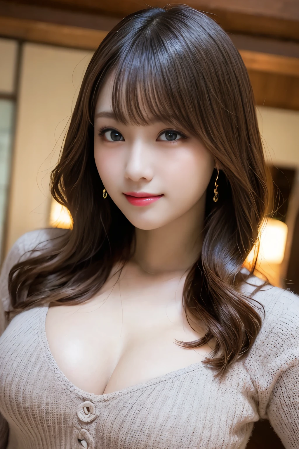 Tabletop、highest quality、shape、Very detailed、Detailed、High resolution、8k wallpaper、Perfect Dynamic Shape、beautifully detailed、Natural Lip、Long eyelashes、Heavy makeup、smile、Sexy Knitted Dresses、Big Breasts、Cleavage、Random Sexy Poses、whole body、Look away、face down