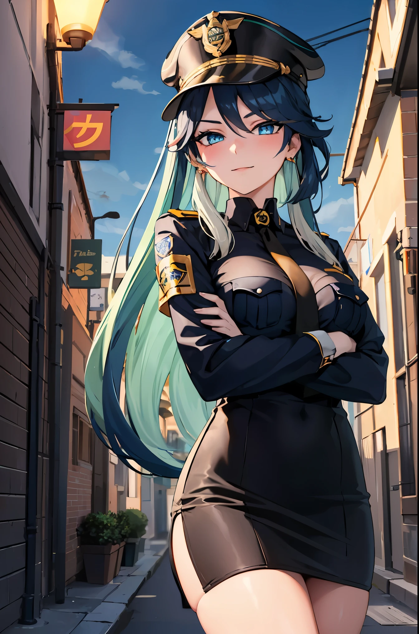 (masterpiece, best quality, detailed), 1girl, solo, looking at viewer, xianyun, medium breasts, multicolored hair, very long hair, ponytail, hair ornament, semi-rimless eyewear, earrings, jewelry,
policewoman, police uniform, police hat, necktie, pencil skirt, armband, breast pocket, alleyway, industrial pipe, building, urban, power lines, cloudy sky, sign, dark, night, crossed arms, breast hold, arms under breasts, smile, closed mouth