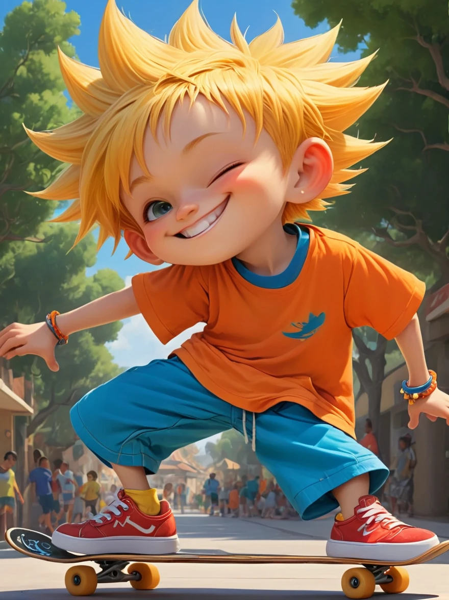 A cartoon character, best described as a playful young boy with spiky yellow hair, wearing an orange t-shirt, blue shorts, and red shoes. He possesses a mischievous grin that often accompanies the troubles he ignites in his unnamed town. He's known for his skateboarding skills and a nonchalant attitude.