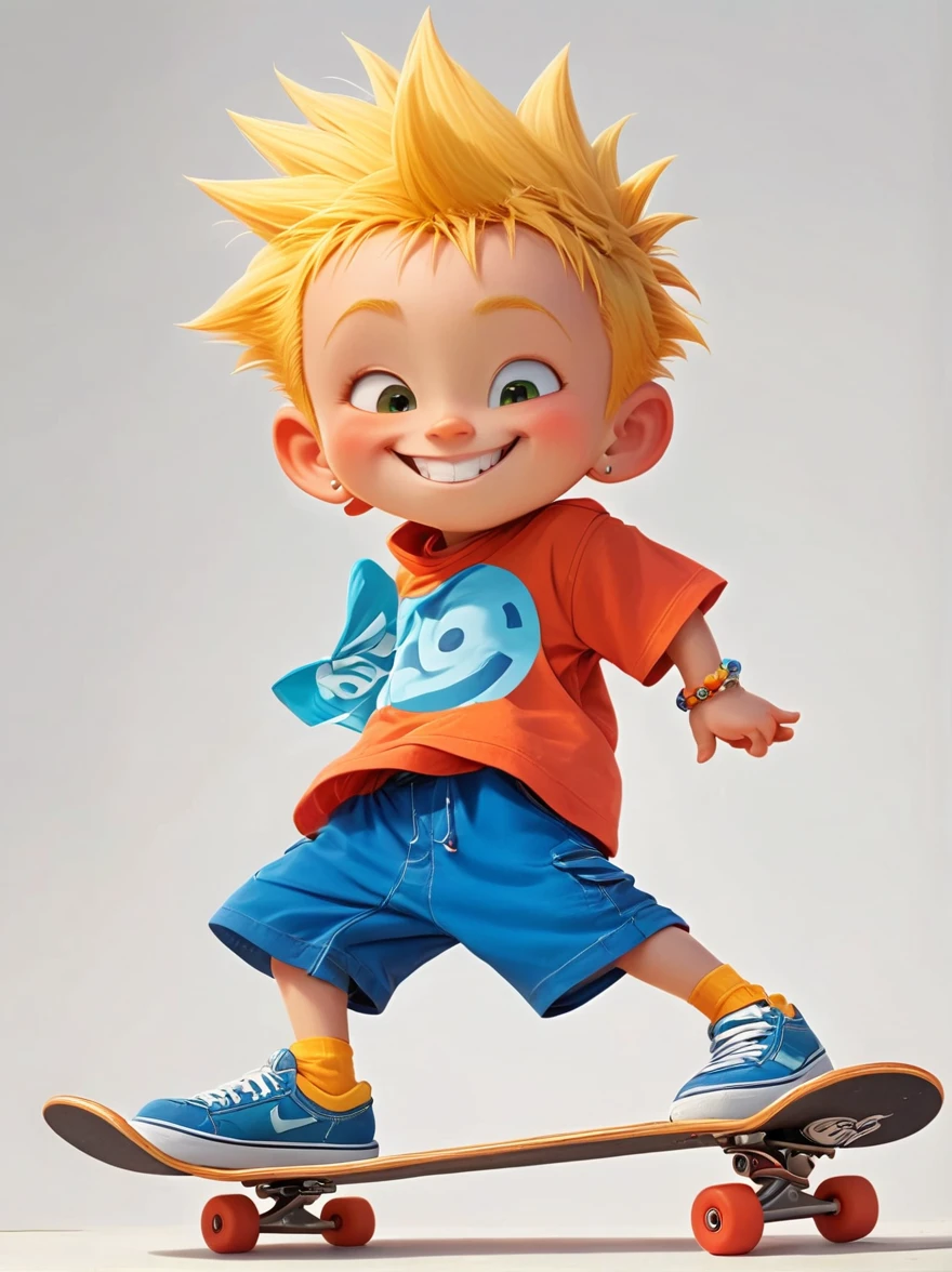 A cartoon character, best described as a playful young boy with spiky yellow hair, wearing an orange t-shirt, blue shorts, and red shoes. He possesses a mischievous grin that often accompanies the troubles he ignites in his unnamed town. He's known for his skateboarding skills and a nonchalant attitude.