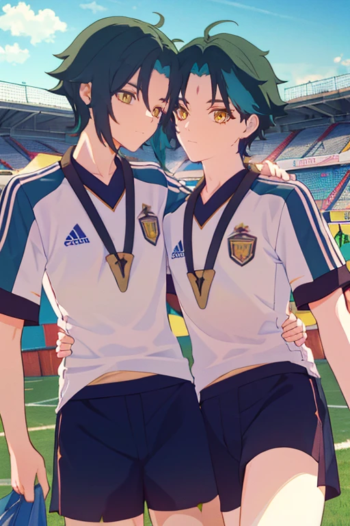 2 boys,dark green hair,highest quality,masterpiece,excessive,male focus,yellow eyes,beautiful eyes,beautiful boy,School,between men,Spouse,soccer club members,Blue soccer uniform,soccer,high school,soccer uniform,blue clothes,soccer court,teammate,same clothes,shoulder to shoulder,feminine,good friend,best image quality,