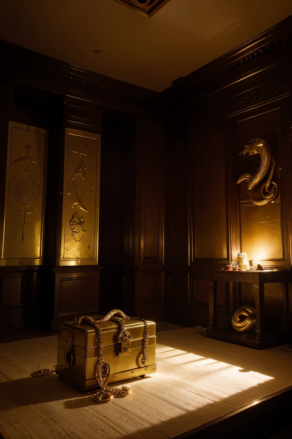 hidden chamber within the temple, with a large treasure chest glowing with golden light. The chamber should be dimly lit, with a large, coiled serpent guarding the treasure. The serpent should look menacing but asleep, with the light reflecting off its scales.