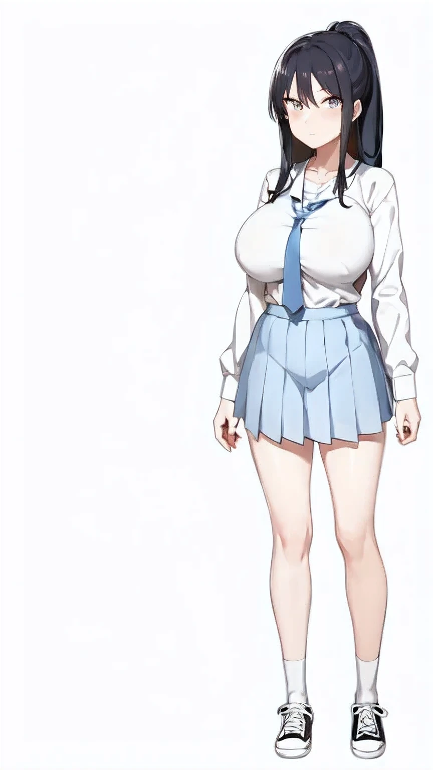 anime girl with ponytail and tie in a , anime moe artstyle, as an anime character, wearing , wearing a , nagatoro, an anime girl, cel shaded anime, wearing japanese , hinata hyuga, cel - shaded art style, beautiful anime high school girl, female anime character, anime character, in an anime style, ((full body)), converse, converse high, (big breasts), highly detailed face, cool, mom, tomboy, ((angry eyes)),