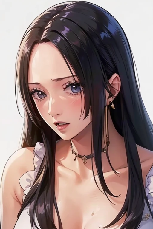 (((masterpiece))), (((best quality))), ((ultra-detailed)), (highly detailed CG illustration), Boa Hancock, (masterpiece:1.5), Detailed Photo, Sexy, (Best Quality: 1.4), (1girl), Beautiful Face, (black Hair, long Hair: 1.3), Beautiful Hairstyle, beautiful detail eyes, (realistic skin), beautiful skin, absurd, attractive, ultra high resolution, high definition, (sexually aroused:1.5), Pinkish white skin, cool white light, sexy pose, Beautiful , white background, pink soft white light, Wear a white dress, (bukkake:1.4), mature, 