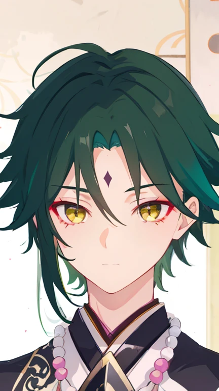 1 boy,dark green hair,highest quality,masterpiece,excessive,male focus,yellow eyes,beautiful eyes,beautiful boy,Crisp eyes,Heian nobility,Japanese clothing