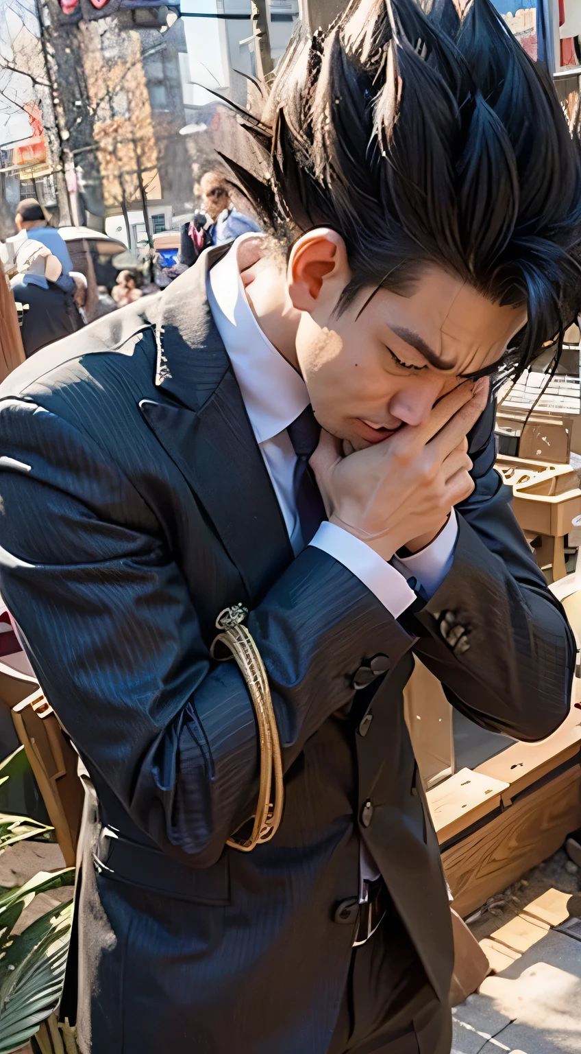 bezita dragon ball, is crying at the feeding, wearing a black suit, holding his face, with tears coming out in torrents