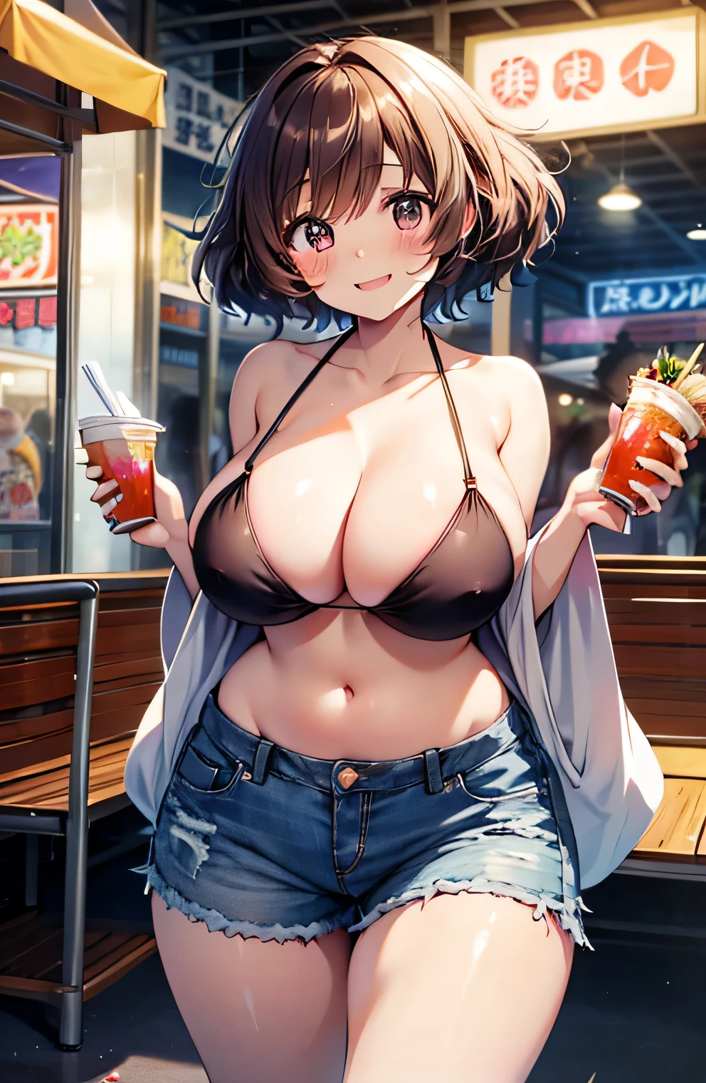 Anime illustration、highest quality、Short high school girl、Tube top、poncho、hot pants、bikini、amusement park、food court、Perfect proportions、overwhelmingly big breasts、Thick legs、Beautiful, shining eyes、Blushed、smile、Cowboy Shot