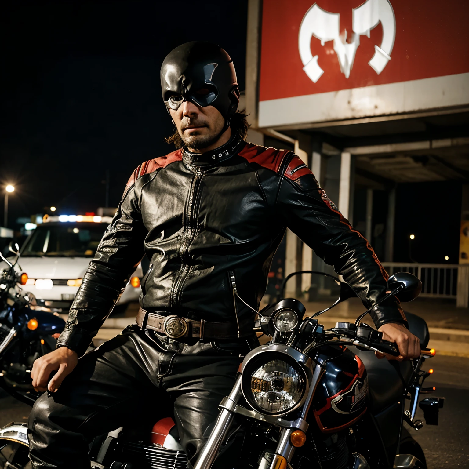 Noite sombria na rodovia, motociclista com colete de motoclub com simbolo do punisher