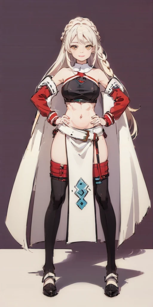 (((Plain background 1:2))) (masterpiece, high quality: 1.1) 1girl full body standing, hairstyle with a braid, white colored hair, yellow eyes, perfect lighting, muscular, thighs, mature woman, mummy, bellybutton, abs, looks at the viewer smile RED CHEEKS, extremely huge breasts, maternal, porcelain skin, extra very long hair, sparkly skin, good face, chest cover, HANDS ON HIPS