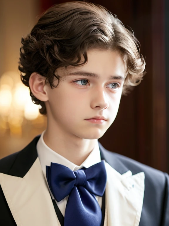 A beautiful and very tender 15-year-old boy with white skin and small blue eyes., light brown curly hair fine and serious features very serious at home formal clothing well-combed sad melancholic look without smile crying without exaggeration