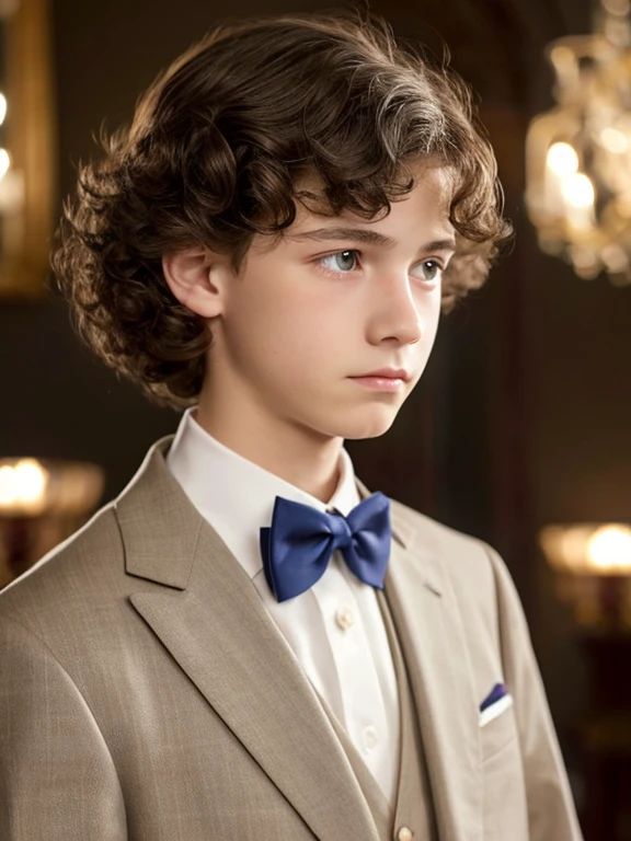 A beautiful and very tender 15-year-old boy with white skin and small blue eyes., light brown curly hair fine and serious features very serious at home formal clothing well-combed sad melancholic look without smile crying without exaggeration