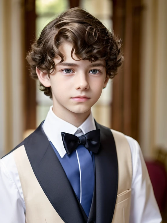 A beautiful and very tender -yeld boith white skin and small blue eyes., light brown curly hair fine and serious features very serious at home formal clothing well-combed sad melancholic look without smile crying without exaggeration