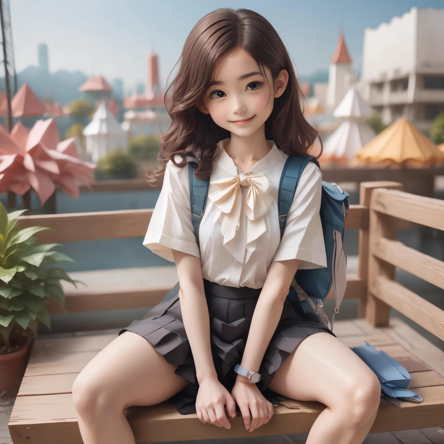 (chibi charactor 1.5), 1girl,(professional portrait, professional writing) ,
masterpiece,best quality,realistic,8k,
official art, ultra highres,

(1girl sitting, spread legs:1.5), 
teenager, kawaii, skinny,
beautiful face, seductive smile, 

slim legs,
perfect waist to hip ratio,
looking at viewer,
long hair, brown hair,
lips,
brown eyes,
smile, BREAK,  

cosplay, origami wear, 
jk_style, jk_skirt, jk_shirt, (striped), jk_bow,
shirt, short sleeves,
skirt, plaid skirt,
white pantyhose,
brown shoes, BREAK,  

fashionable accessories, 
bag, hair ornament,
jewelry, bracelet,
backpack, BREAK,  

outdoors, real origami world location, 
carousel, amusement park,  BREAK, 
BREAK, 
1girl, chibi figure,  baby face, 
