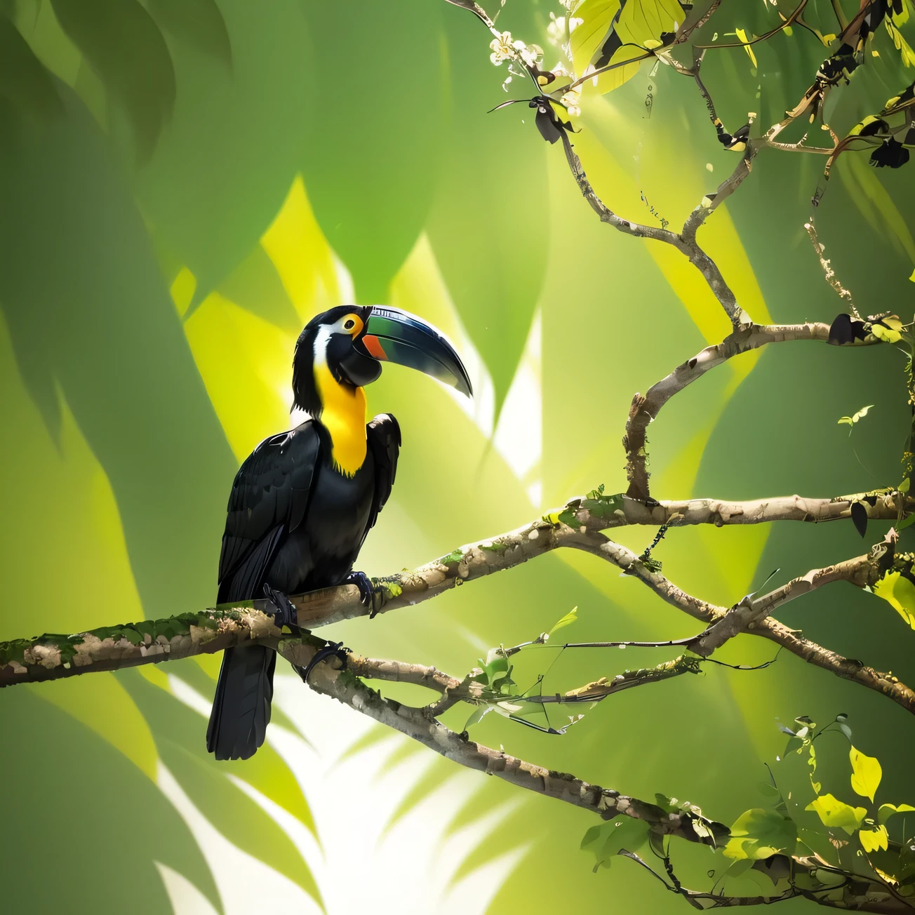 There is a bird sitting on a branch, Long, thick shiny black beak, big beak, Photo showing, Rare birds in the jungle, toucan, Stunning beauty, Long, thick, shiny golden beak, byDietmar Damerau, Beautiful and graceful, endangered, Large Portrait, Some beaks, Looks cool