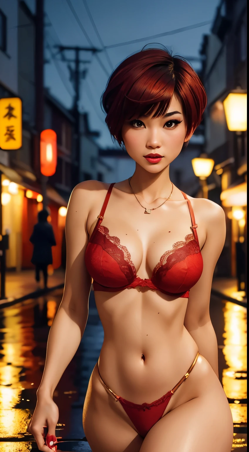 Close-up portrait of a skinny Japanese model,wearing red lace lingerie,pixie cut hair,red lips,necklace,high-res,ultra-detailed,realistic:1.37,vivid colors,walking in a street at night,streetlights,reflection in puddles,golden-hour lighting,cityscape,cobblestone road,glowing neon signs