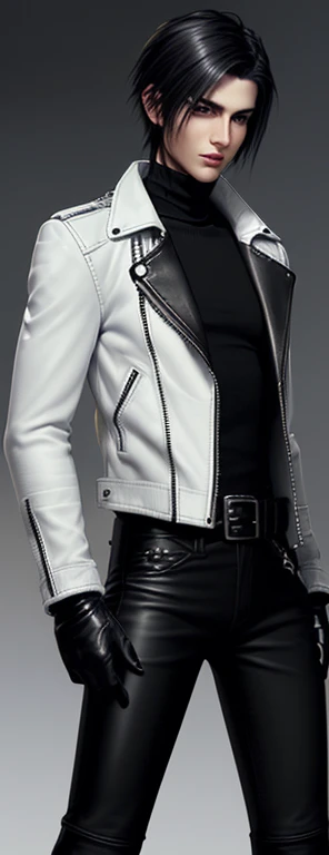 Final Fantasy-style graphics, young, Cute and cool Japanese boys, Thin eyebrows and big eyes, He is wearing a shiny white single-breasted leather jacket.........。Biker style leather jacket、 with epaulettes, The jacket is zipped up, The jacket pockets are black., The jacket has a high stand-up collar with a belt, Also wearing a black turtleneck, Black Leather Pants, Thin black leather gloves on both hands, Black leather knee-high lace-up boots, Show me your whole body from head to toe, Final Fantasy Style、((good looking))、((good looking))、((Clear eyes and nose))、((Shiny white single leather jacket))、((The jacket must be white.))、((The jacket has epaulettes))、((Jacket has a high stand-up collar and belt))、((The jacket has a black pocket))、((Black turtleneck shirt))、((Black Leather Pants))、((Always wear shiny black leather gloves on both hands))、((Cover the entire fingers of both hands with gloves))、((Black lace-up leather long boots))、((Head-to-toe display))、Realistic image quality and texture、In a small cell、close your eyes、A kind smile、((The front of the jacket is closed with a zipper))、((No exposed skin below the neck))、((Round face)、((Short Hairstyles))、((Upright posture))、((Don'Don't sit))