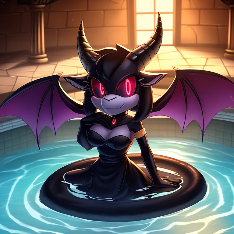 Mobian Bat, ((goat horns)), black horns, black belly, black face mouth, Medium breasts, black skin, black fur, black sclera, crimson glowing red eyes, full body, black dress, (((endless kingdom))) of night in a starless night, submerged up to her waist in a pool of ((black inky liquid))
