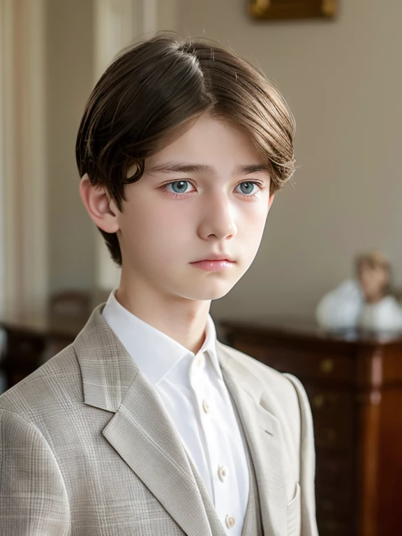 A beautiful and very tender 15-year-old boy with white skin, small blue eyes., light brown hair fine and serious features very serious at home formal clothing well-combed sad melancholic look without smile crying without exaggeration