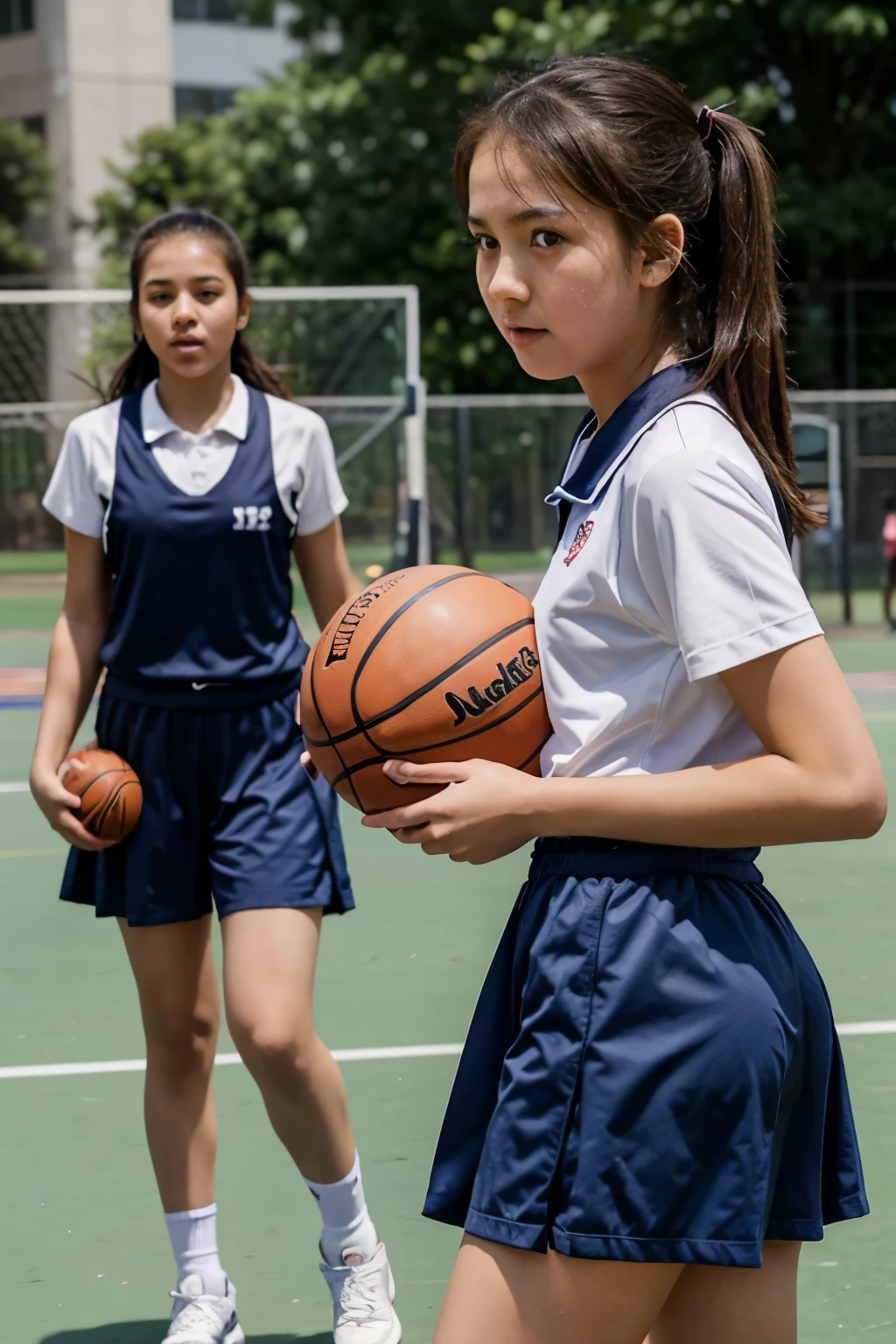 a little secondary school girl are playing basketball with her teammates