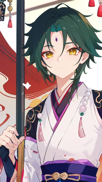 1 boy,dark green hair,highest quality,masterpiece,excessive,male focus,yellow eyes,beautiful eyes,beautiful boy,Crisp eyes,Heian nobility,Japanese clothing,Abe no Seimei
