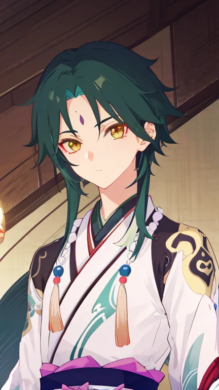 1 boy,dark green hair,highest quality,masterpiece,excessive,male focus,yellow eyes,beautiful eyes,beautiful boy,Crisp eyes,Heian nobility,Japanese clothing,Abe no Seimei