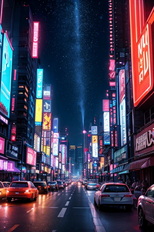 highest quality、Cars driving through the neon lights of a big city、Night view、drive