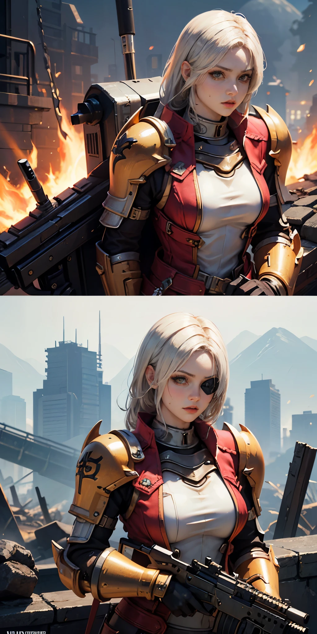 (masterpiece:1.2), (best quality:1.2), perfect eyes, perfect face, perfect lighting, 1girl, mature whsororitas with a laser rifle in her hands, scar over one eye, eyepatch, red tabard, white hair, warhammer 40k, chaos, fire, scifi, detailed ruined city background, power armor
