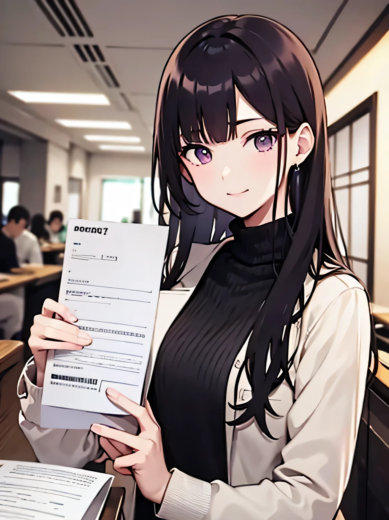 Realistic, Real person, (Pale skin: 1.2), RAW Photos, Realistic, Portrait Photography, Shiny skin, Japanese Idols、Shiny Hair、(A 33-year-old woman with medium-length hair and bangs) and (Wavy Hair) and (Brown Hair) and (Purple eyes) , (Yellow inner) and(Beige jacket:1.5)、The background is the office、(smile)and(Holding documents in hand)and(Are standing)