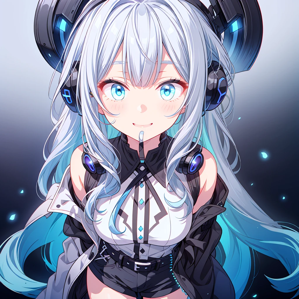 highest quality、highest quality、8K、Ultra-high resolution、highest quality、Super detailed、Perfect Face、Very detailed、Very delicate、1 girl、((solo))、(scared)、Gorgios、Bangs above the eyebrows、Soft Hair、Shoulder-length hair、Medium Hair((Light blue on the left、The one on the right is lavender))、((Light blue eyes))、Black long-sleeved shirt、Black shorts、belt、smile、Mouth closed、Expressive eyes、Colorful eyes、contrast、Shadow、Digital Art、Shining Eyes、damage、Detailed face、Detailed eyes、Detailed Background、Dark Background、White and black base、Black liquid、Neon headphones、