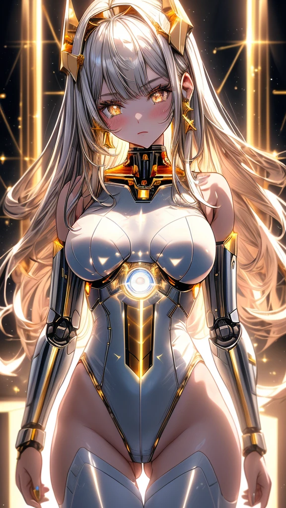 ((masterpiece 1.8)), ((ultra-detailed)), ((High resolution)), ((ultra quality)), (High quality), (dynamic angle), ((cowboy shot)),
(((android girl))),no human,beauty face,detailed face,silver very long hair, floating hair, bangs, serious face, ((gold eyes:1.4)), (mechanical detailed pupils),(holographic detailed pupils), headphone, ((robot joint 1.6)), ((robot arms 1.4)), robot hip-joint, ((robot body 1.4)), ((shining gold eyes)), ((white highlegs leotard)), ((white halterneck backless leotard)), ((see through 1.6)), ((silver and gold trim)), front light, Backlit, ((medium bast)),slender,
controlroom, (lot of display), (holographic display), (floating display), docking, light particle, prismatic light, prismatic reflection,