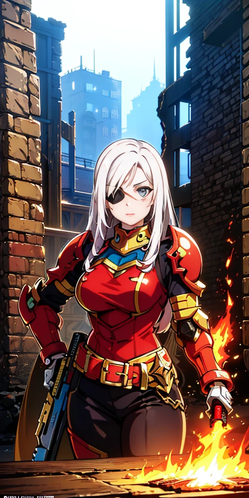 (masterpiece:1.2), (best quality:1.2), perfect eyes, perfect face, perfect lighting, 1girl, mature whsororitas with a laser rifle in her hands, scar over one eye, eyepatch, red tabard, white hair, warhammer 40k, chaos, fire, scifi, detailed ruined city background, power armor