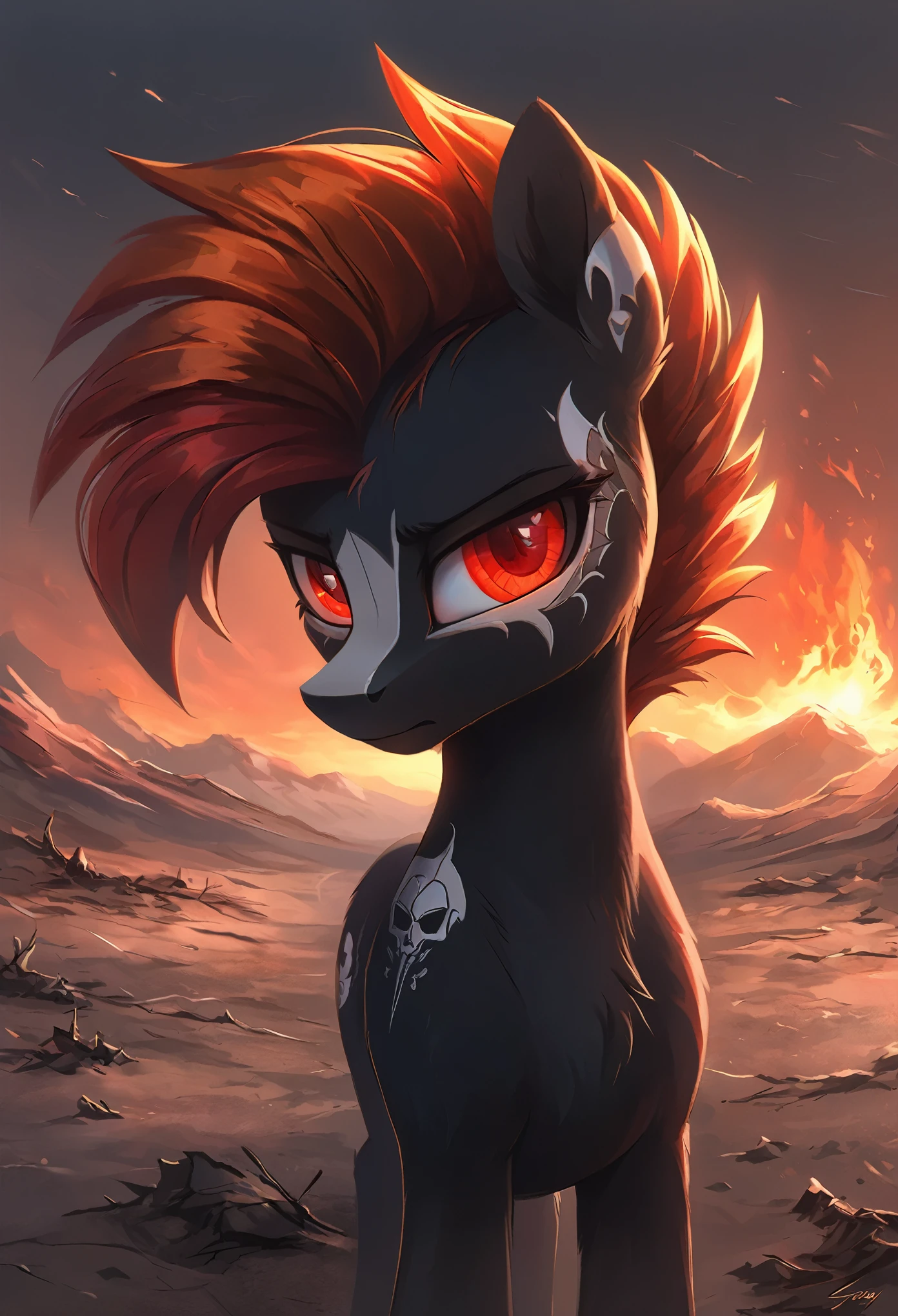 MLP, black fur, firey hair, red eyes, death, skull tattoo, desolate landscape, fire in the background, post-apocalyptic scene, only one pony, solo scene