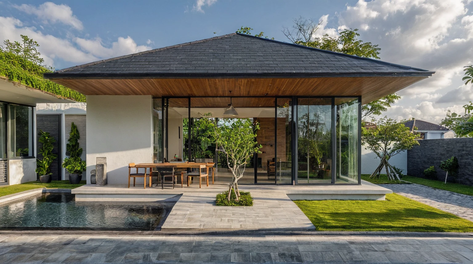 Masterpiece, high quality, best quality, authentic, super detail, outdoors, onestoreyvillaXL, aiaigroup, house style modern on the street ,stairs, white wall ,road,pavement, grass, trees, sky, cloud, (daylight:1.1)