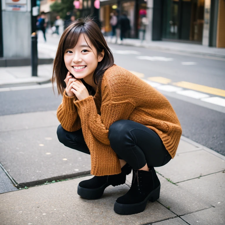 Photos taken by a professional photographer,Laughter:1.5,Close-up of a young Japanese woman squatting on the sidewalk, Wear a sweater, Brown Shortcut, My hair is messy,Young and pretty girl, Wear a miniskirt:1.5,Wear stylish boots,Flashy makeup using red eyeshadow,I can see your beautiful thighs,Squat with your crotch facing forward:1.5,Black pants are visible:1.5,